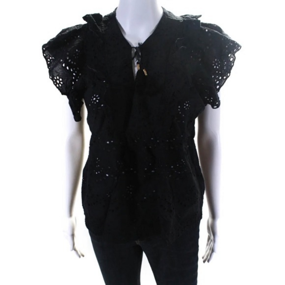 Artelier Nicole Miller Black Eyelet Ruffle Top Size Small